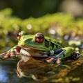 lifestyle photo small green frog with red eyes - AI MidJourney