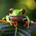 lifestyle photo small green frog with red eyes - AI MidJourney