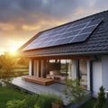 Modern home with solar panels at sunset Royalty Free Stock Photo