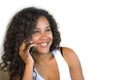 Lifestyle portrait of young happy and gorgeous black hispanic woman talking on mobile phone at home living room sofa couch enjoyin Royalty Free Stock Photo