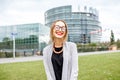 Woman near the European parliament building in Strasbourg Royalty Free Stock Photo