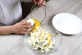 Lifestyle preschooler child girl cook food in the kitchen. development of fine motor skills in everyday life from scrap materials