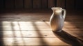 Lifestyle product shot of a jar of milk illuminated by the sun from the window on a wooden table. Play light and shadow
