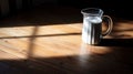 Lifestyle product shot of a jug of milk illuminated by the sun from the window on a wooden table. Play light and shadow