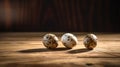 Lifestyle product shot of spotted quail eggs on a wooden table. Play light and shadow