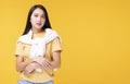 Lifestyle relax winter season concept. Positive Asian woman wear casual clothing with white sweater around her shoulder while Royalty Free Stock Photo