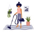 Lifestyle scene of housework activity with cute girl vacuuming carpet