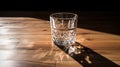 Lifestyle shot of beautifully decorated, clear glass on a wooden table. Play of light and shadow