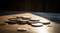 Lifestyle shot of a bunch of coins laying on a wooden table. Play of light and shadow