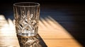 Lifestyle shot of empty, beautifully decorated with a snowflake pattern glass on a wooden table. Play of light and