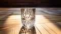 Lifestyle shot of iluminated with lsun expensive crystal glasson a wooden table. Play of light and shadow