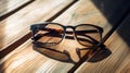 Lifestyle shot of light-tinted brown prescription glasses on wooden table. Play of light and shadow