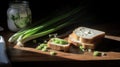 Lifestyle shot, product photography of chopped green onions and loafs of bread, on a wooden table. Play of light and