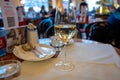 Lifestyle of Vienna, glass of white dry Austrian wine served in old Viennese-style cafe in Vienna, Austria