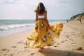 lifestyle woman summer sea fashion beach sky beautiful hippie dress person. Generative AI.