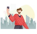 Lifestyle - Young Person taking selfie photo with smartphones - Stock Illustration