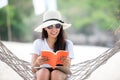 Lifestyle young woman using laptop working and reading book for relax on the beach Royalty Free Stock Photo