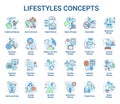 Lifestyles concepts icons set. Living types idea thin line illustrations. Technician, digital, hipster, clothes free Royalty Free Stock Photo