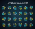 Lifestyles concepts neon light concept icons set. Living types idea. Technician, digital, hipster, ascetic lifestyle
