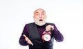 Lifetime ageing and getting older. Time does not spare anyone. Time and age concept. Bearded man clock ticking. Aged man