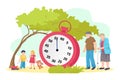 Lifetime concept, old person and young children generation, vector illustration. Age cycle at huge life timer, adult man