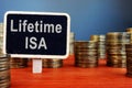 Lifetime ISA Individual Savings Account sign and coins