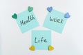 Lifework and health balance concept. Stickers with life, work and balance text with tiny colorful hearts Royalty Free Stock Photo