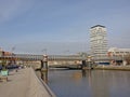 Liffey river, with railway bridge and apartmet tower, Dublin Royalty Free Stock Photo