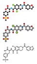 Lifitegrast drug molecule. Stylized 2D renderings and conventional skeletal formula. Used in the treatment of keratoconjunctivitis