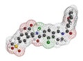 Lifitegrast drug molecule. Used in the treatment of keratoconjunctivitis sicca. 3D rendering. Atoms are represented as spheres
