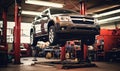 On the Lift: A Car Suspended in a Garage for Maintenance and Repairs