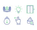 Lift, Laureate award and Scroll down icons set. Touchscreen gesture, Light bulb and Moisturizing cream signs. Vector