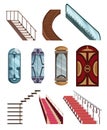 Lift mechanisms or elevators collection and stairs set. Doors of cabins to mechanical lift. Isolated cartoon flat vector