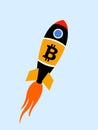 Lift-off of space rocket with symbol of Bitcoin. Royalty Free Stock Photo