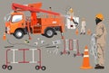 Lift truck and Electricity poles high voltage worker team with t