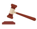 A lifted hammer of a judge on a white background.