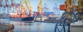 Lifting cargo cranes, ships and grain dryer in Sea Port Royalty Free Stock Photo