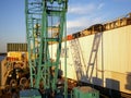 Lifting crane on the deck of a pipe laying barge.