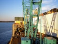 Lifting crane on the deck of a pipe laying barge.