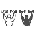 Lifting dumbbells line and solid icon, Gym concept, Weightlifter sign on white background, Bodybuilder lifting barbells Royalty Free Stock Photo