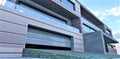 Lifting garage doors made of flexible metal. Horizontal facade panels as wall decoration of a modern country building. 3d