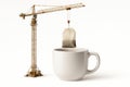 Lifting the tea bag with the tap over the cup. Space for text. Royalty Free Stock Photo