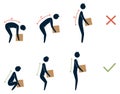 Lifting technique safe movement. Safety. Correct and incorrect instruction for moving heavy packages for workers