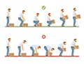 lifting technique. safety moving and load heavy objects body ergonomic positions. Vector cartoon infographic templates