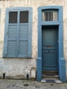 Ligh blue window and door in old town neighborhood in Lille city, France. Royalty Free Stock Photo