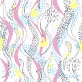 Light abstract seamless pattern. Vector drawn texture of pink waves and black dots for fabric, bedding, paper and home textile Royalty Free Stock Photo