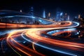 Light abstract speed motion in urban highway road, night scene. Speeding sports car on neon highway. long exposure red, blue, Royalty Free Stock Photo