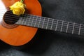 Light acoustic guitar and yellow rose. Beautiful romantic background Royalty Free Stock Photo