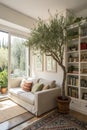 Interior of light living room with sofa, olive tree and shelf units Royalty Free Stock Photo