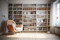 light armchair near a large bookcase on gray wall background in living room Royalty Free Stock Photo